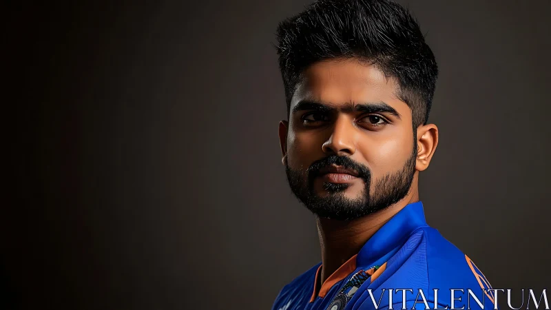 Studio portrait of male athlete in blue sports jersey.