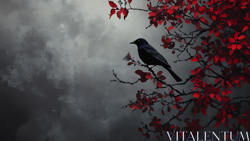 Black crow on red leaved branches against gray sky.