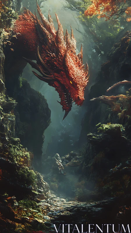 Crimson dragon confronts lone figure in volumetric forest chasm