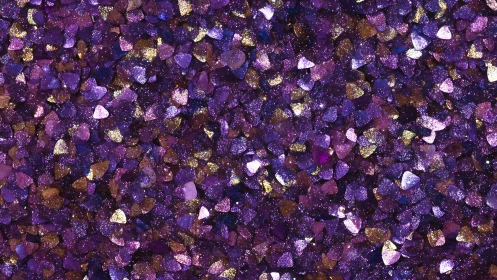 Purple glitter heart confetti background in close view.