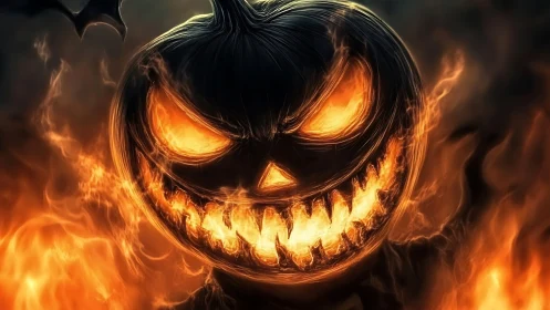 Flaming demonic jack o lantern with blazing molten grin.