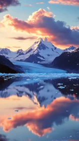 Snow covered mountain and glacier reflected in calm water