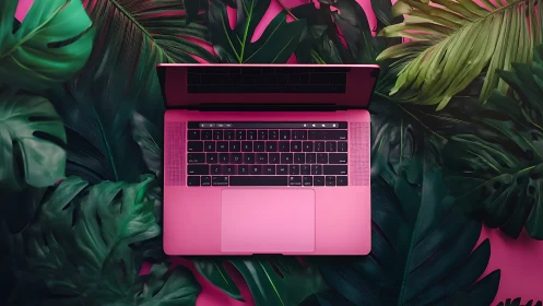 Pink laptop positioned among large tropical leaves.