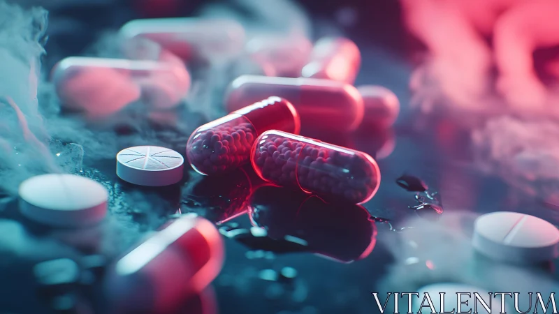 Assorted Capsules and Tablets in Neon Light, Futuristic Style.
