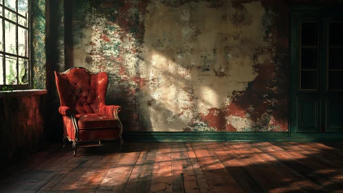 Velvet armchair anchors sunlit distressed loft wall.