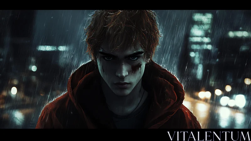 Digital painting of wounded youth in moody urban rain scene.