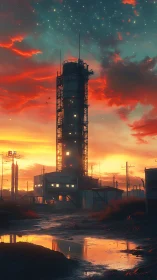 Concept art of industrial launch tower at neon sunset sky.