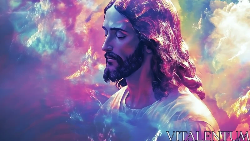 Serene robed figure amid luminous multicolor clouds.