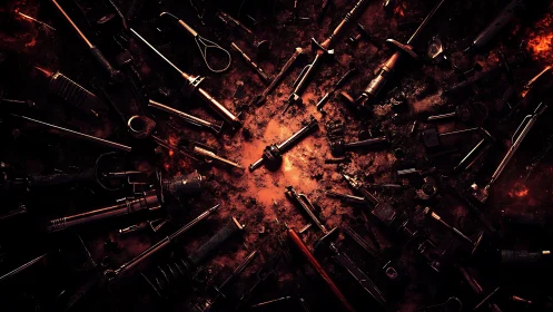 Glow of worn workshop tools in a moody, ember lit circle.