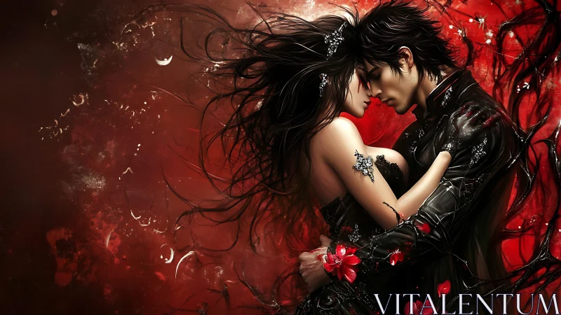 Two Figures in Gothic-Romantic Pose Against Red Background