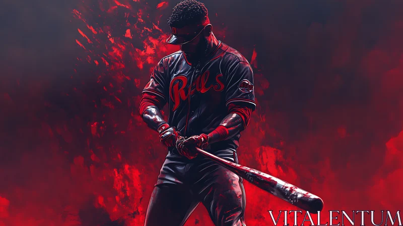 Baseball batter in red lighting with bat and uniform detail.