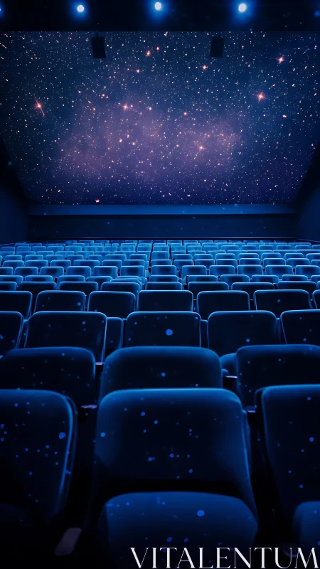Empty cinema drifts under a galaxy-drenched glowing ceiling
