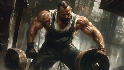 Muscular mechanic lifts massive steel weights in gritty workshop.