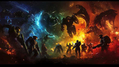 Armored infantry and alien forces in divided battlefield.