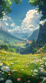 Landscape illustration shows valley village framed by meadow