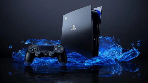 PlayStation 5 Console with DualSense Controller Immersed in Blue Digital Water