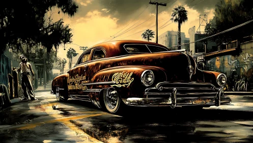 Sunset lowrider prowls a graffiti-soaked urban boulevard.