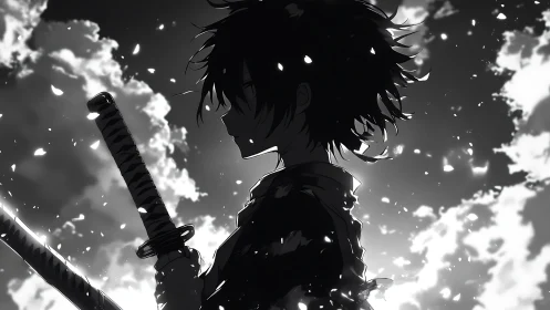 Silhouetted swordsman stands against backlit clouded sky