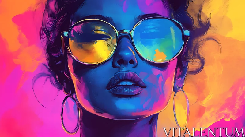 Neon portrait shows woman in reflective sunglasses and glow