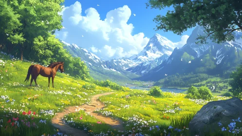 Equine figure on alpine meadow path under cumulus geometry.