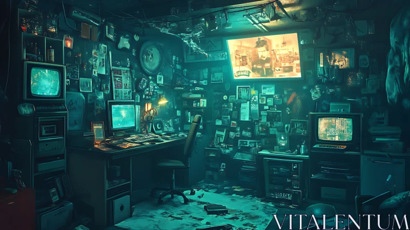 Digital workstation fills cluttered, low-lit retro tech room