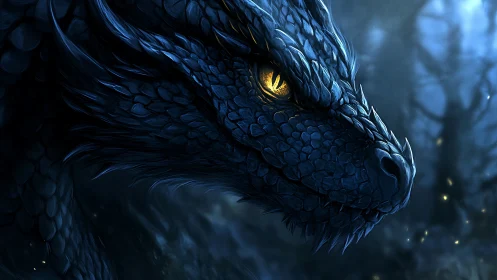 Midnight dragon studies fireflies with a molten gold gaze