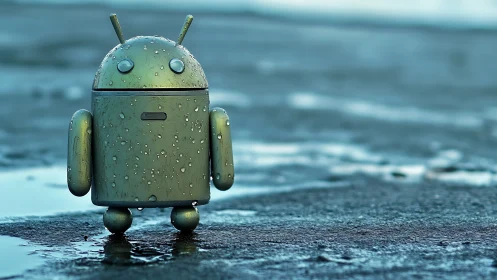 3D metallic android mascot in shallow reflective puddle scene.