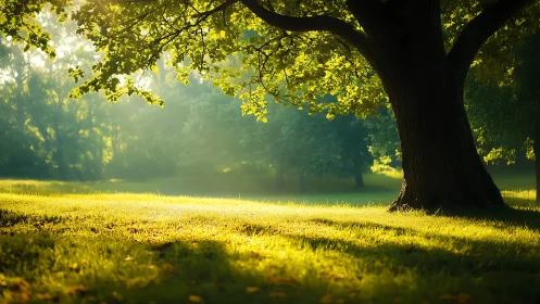 Sunlit oak tree casts long shadows across glowing meadow.