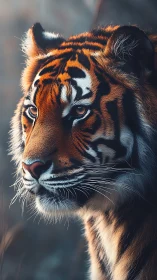 Tiger portrait captures focused gaze in soft rim lighting