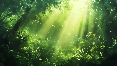 Sunlit forest glade with lush emerald foliage and misty rays.