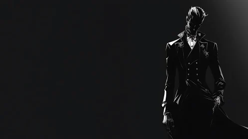 Silhouetted male figure in formal suit on dark background.