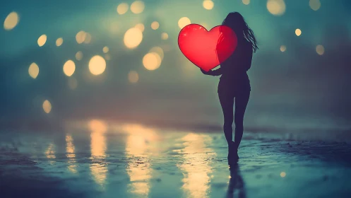 Silhouetted figure holding glowing red heart with bokeh background