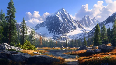 Snow covered mountain range above forested alpine valley.