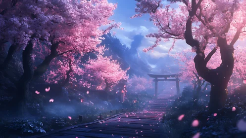 Moonlit cherry blossom path frames distant mountain gate.