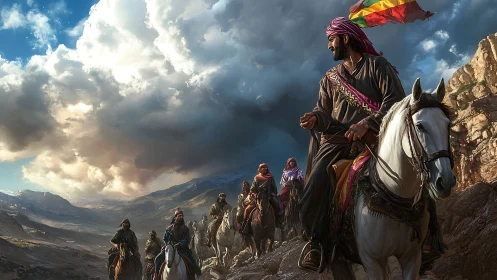 Desert riders advance under stormlit skies with quiet resolve