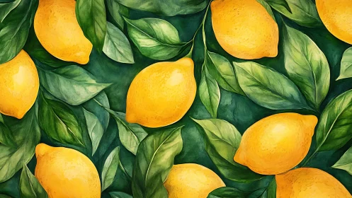 Watercolor-rendered lemons interlaced with dense green foliage