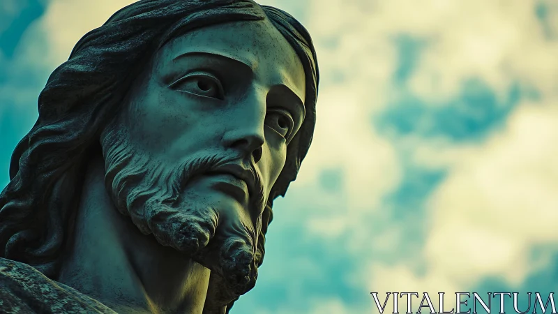 Stone Christ statue portrait under soft cloudy sky