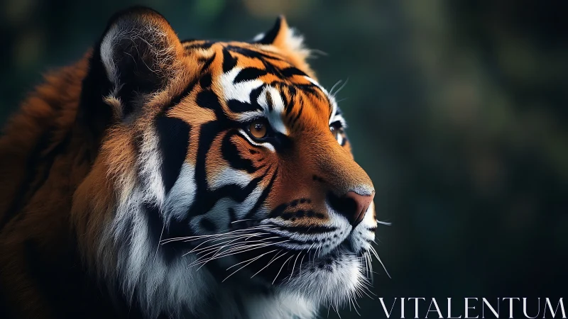 Tiger portrait with vivid stripes against dark forest bokeh.