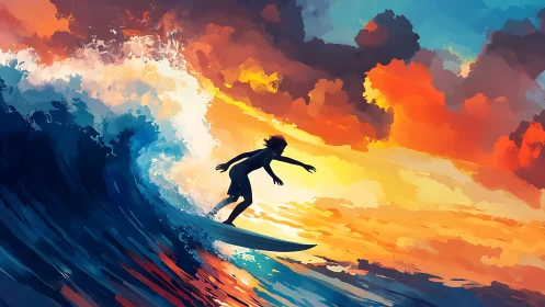 Silhouetted surfer carving sunset wave in vibrant digital seascape.