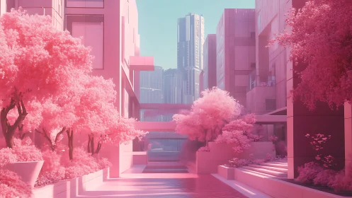Pink monochromatic cityscape with flowering trees and modern architecture rendered digitally