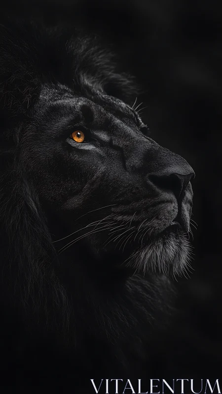Black lion portrait in dark dramatic side profile view.