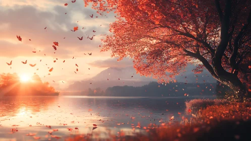 Crimson leaves waltz over a lake as sunrise quietly listens