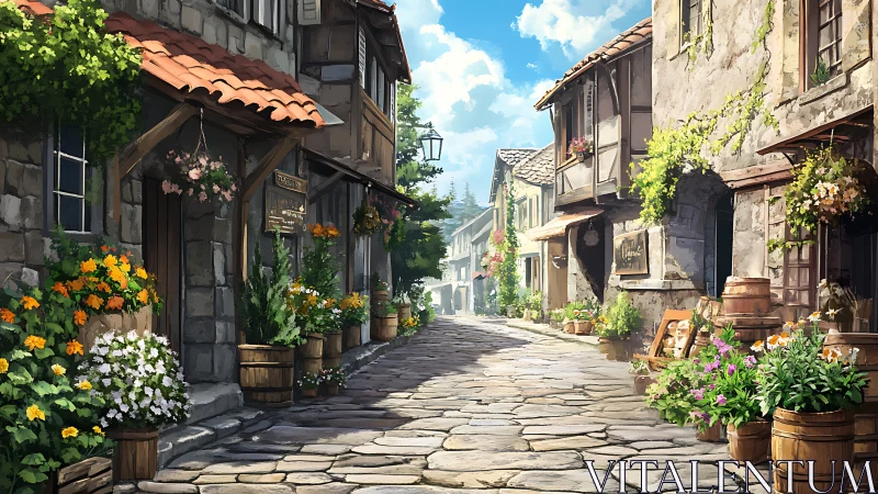 Stone village street with flowers and rustic houses.