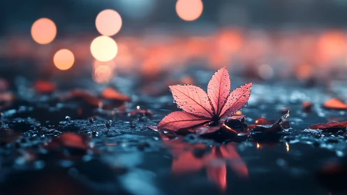 Rainlit crimson leaf blooms against dreamy city bokeh.