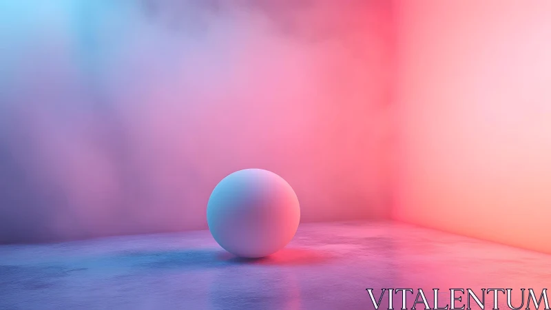 Minimalist sphere in neon-lit room with blue and pink gradient lighting.