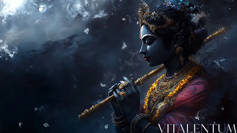 Divine blue-hued figure in jeweled attire plays golden flute