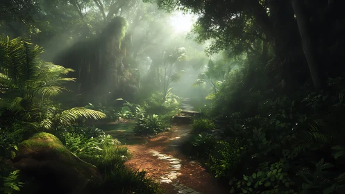 Forested pathway with atmospheric light penetration through dense canopy.
