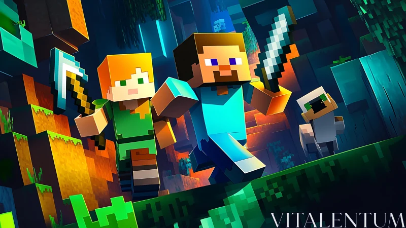 Blocky game adventurers running with swords and tools.