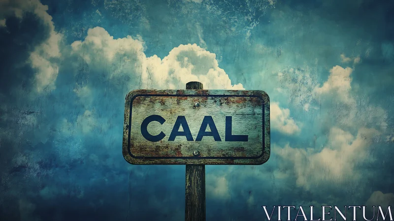 Weathered CAAL signpost stands against textured cloudy sky