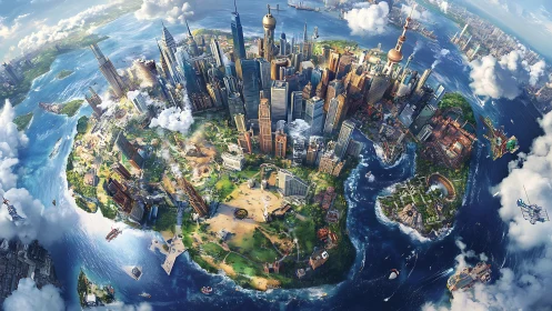 Miniature planet cityscape glows with futuristic coastal energy